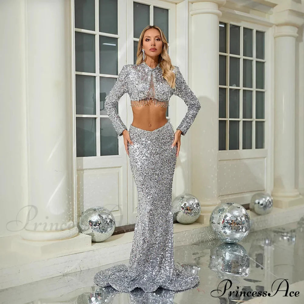 Sparkling Long Sleeve Crop Top Mermaid Prom Dress