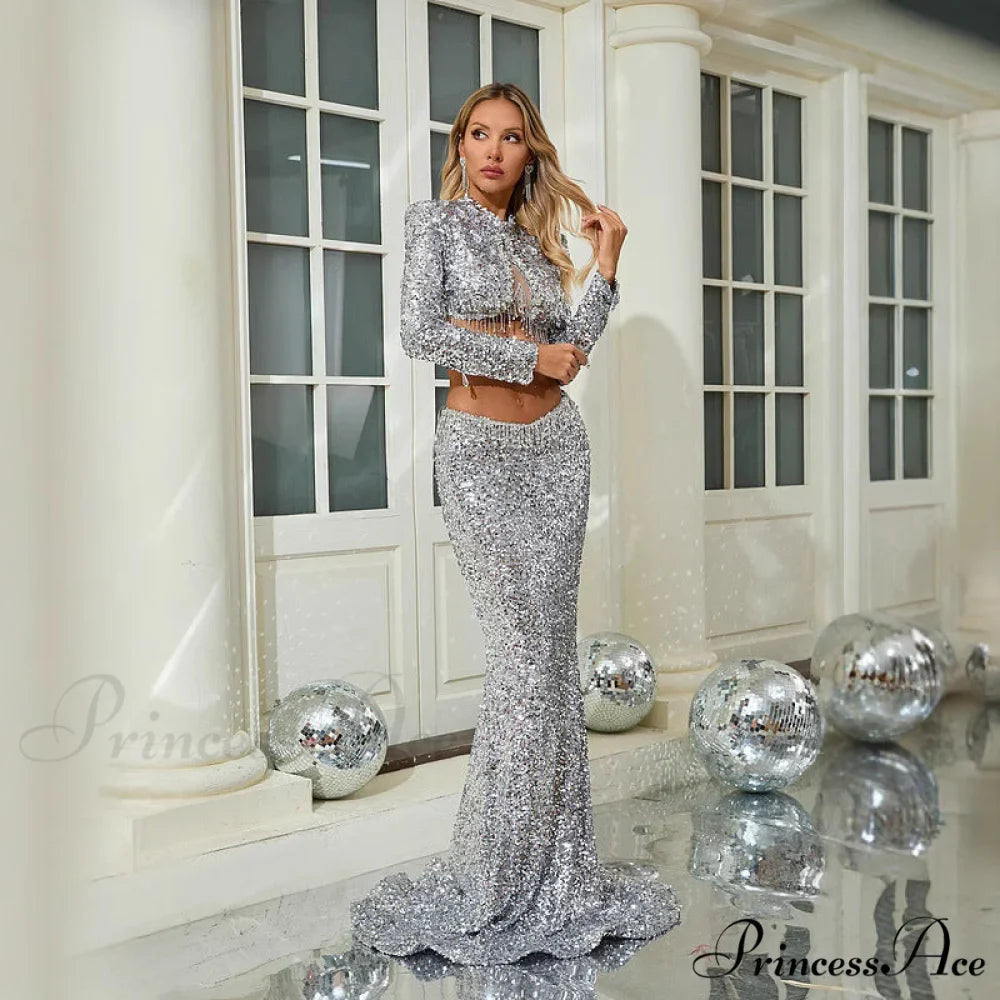 Sparkling Long Sleeve Crop Top Mermaid Prom Dress