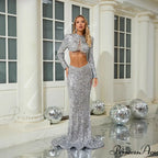Sparkling Long Sleeve Crop Top Mermaid Prom Dress