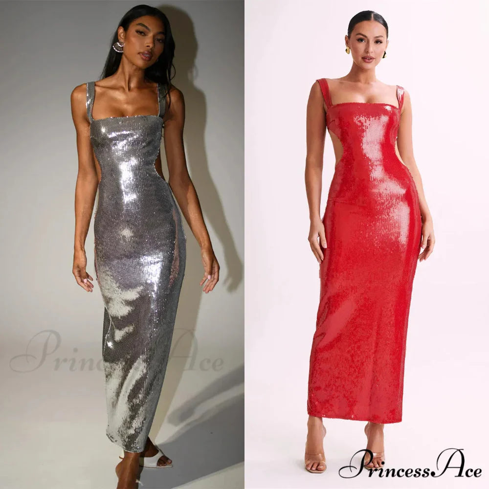 Sparkling Open-Backed Trim Fit Slit Formal Dress