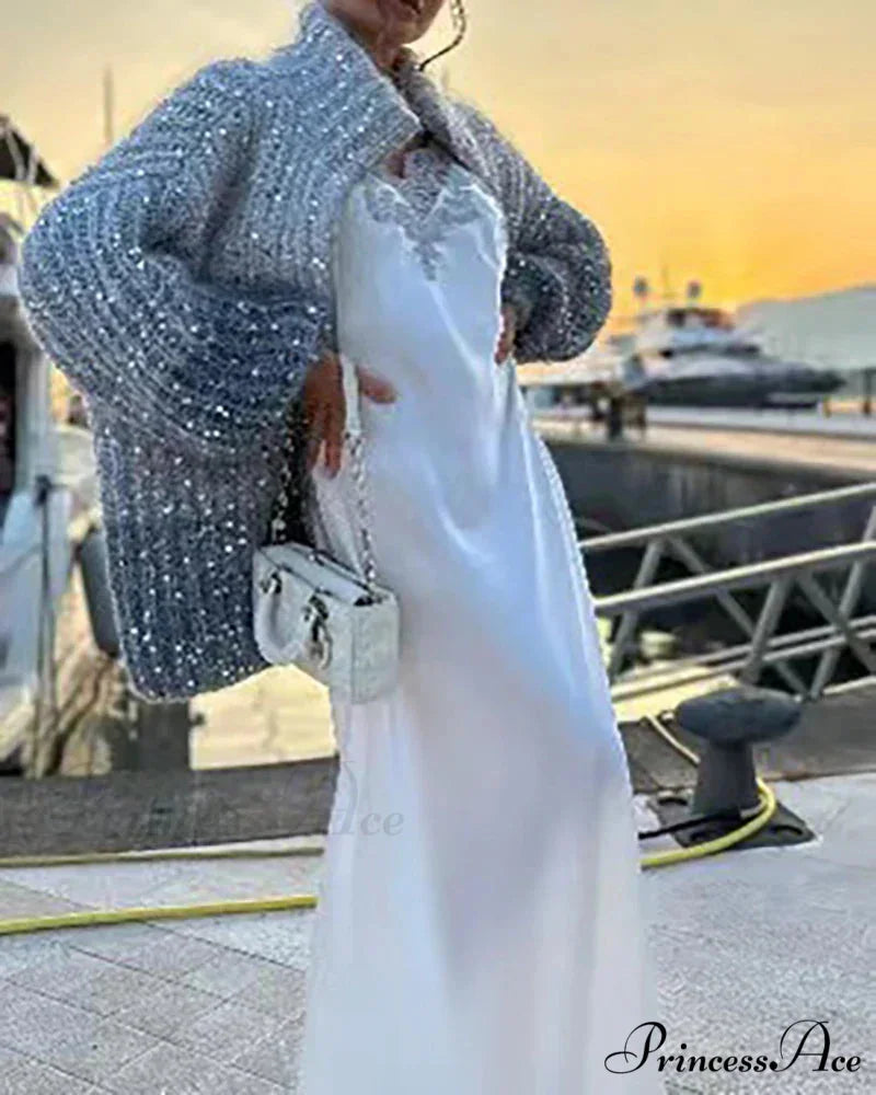 Sparkling Plunging Neckline Sweater Cardigan