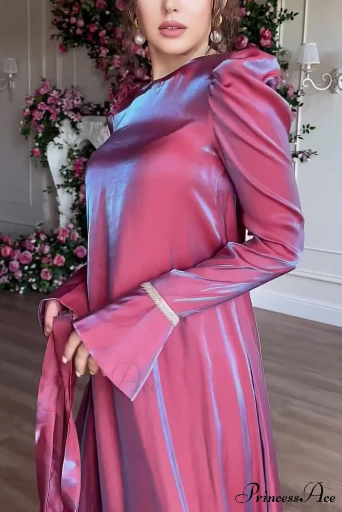 Sparkling Satin Puff Sleeve Midi Dress with Glitter Finish