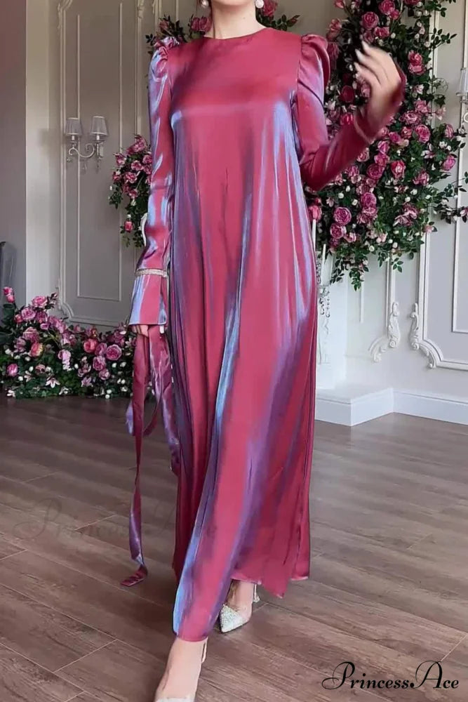 Sparkling Satin Puff Sleeve Midi Dress with Glitter Finish