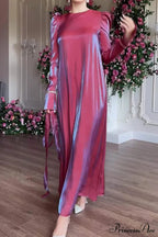 Sparkling Satin Puff Sleeve Midi Dress with Glitter Finish