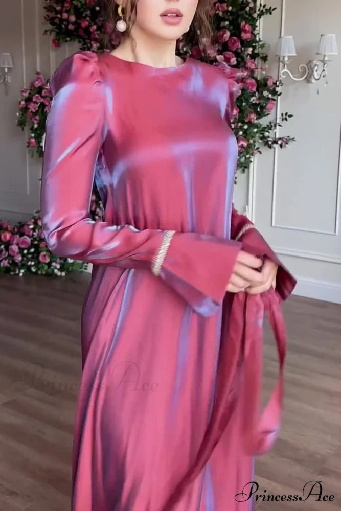 Sparkling Satin Puff Sleeve Midi Dress with Glitter Finish