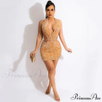 Sparkling Sequin Hollow Out Deep V Neck Halter Backless Mini Dress