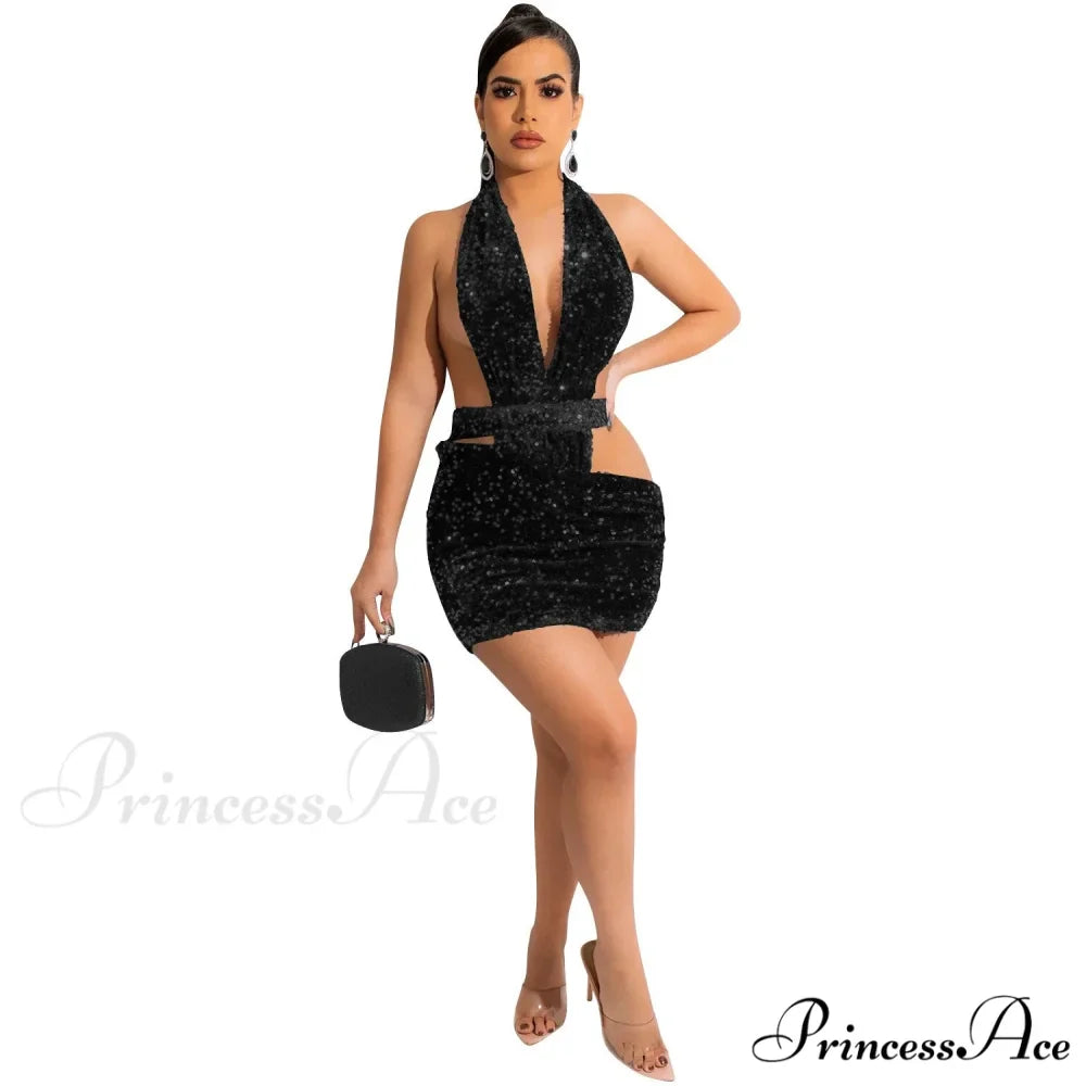 Sparkling Sequin Hollow Out Deep V Neck Halter Backless Mini Dress