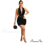 Sparkling Sequin Hollow Out Deep V Neck Halter Backless Mini Dress