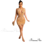 Sparkling Sequin Hollow Out Deep V Neck Halter Backless Mini Dress