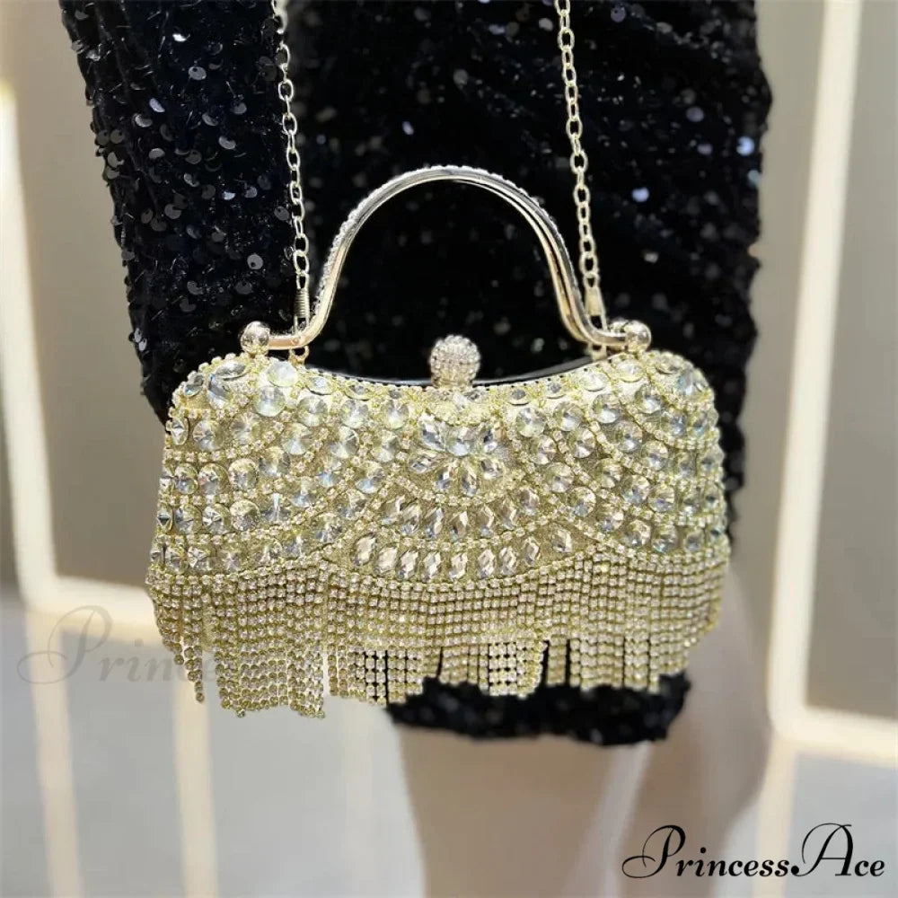 Sparkling Silver Tassel Shoulder Evening Clutch Bag