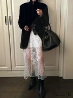 Special White Lace Embellished Sequins High Waist Skirt Women's Fashion