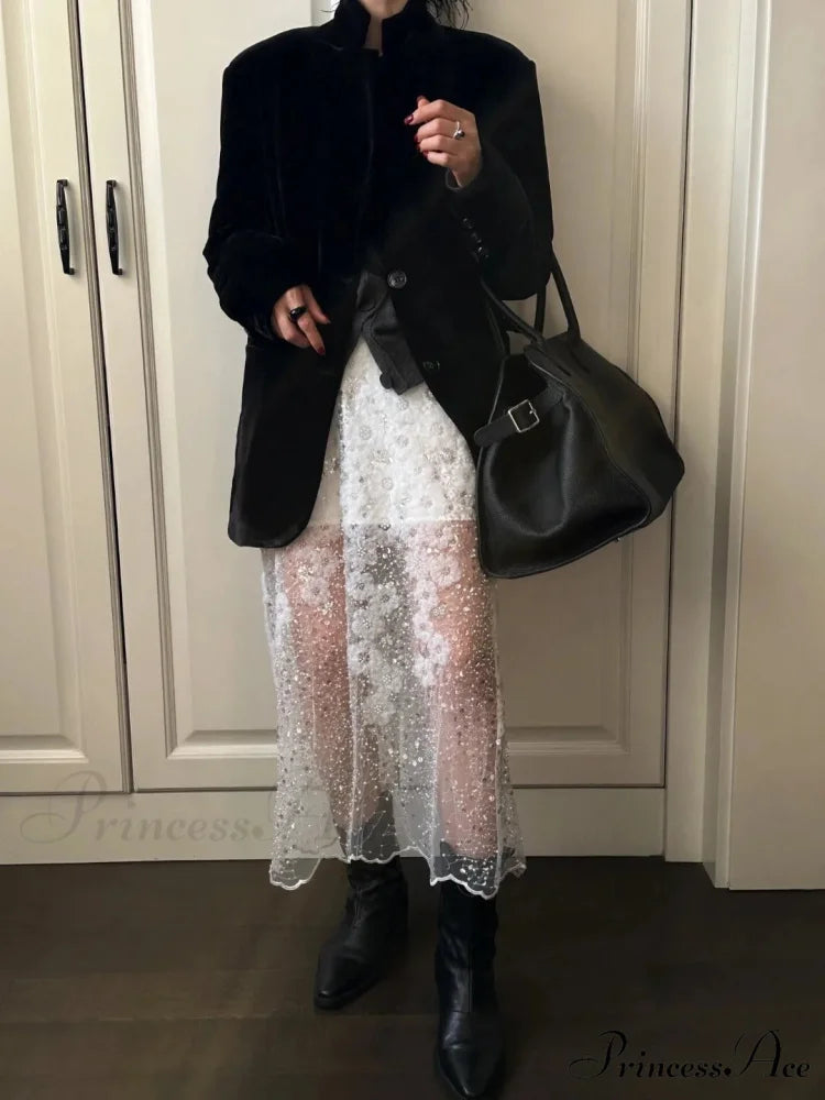 Special White Lace Embellished Sequins High Waist Skirt Women's Fashion