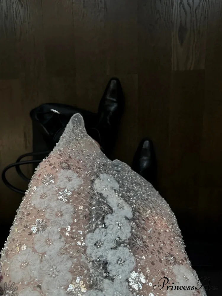 Special White Lace Embellished Sequins High Waist Skirt Women's Fashion