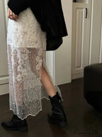 Special White Lace Embellished Sequins High Waist Skirt Women's Fashion