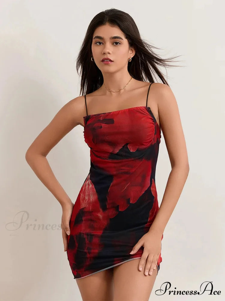 Spicy Flower Pattern Sheath Open-Back Spaghetti Mini Nightclub Flower Dress