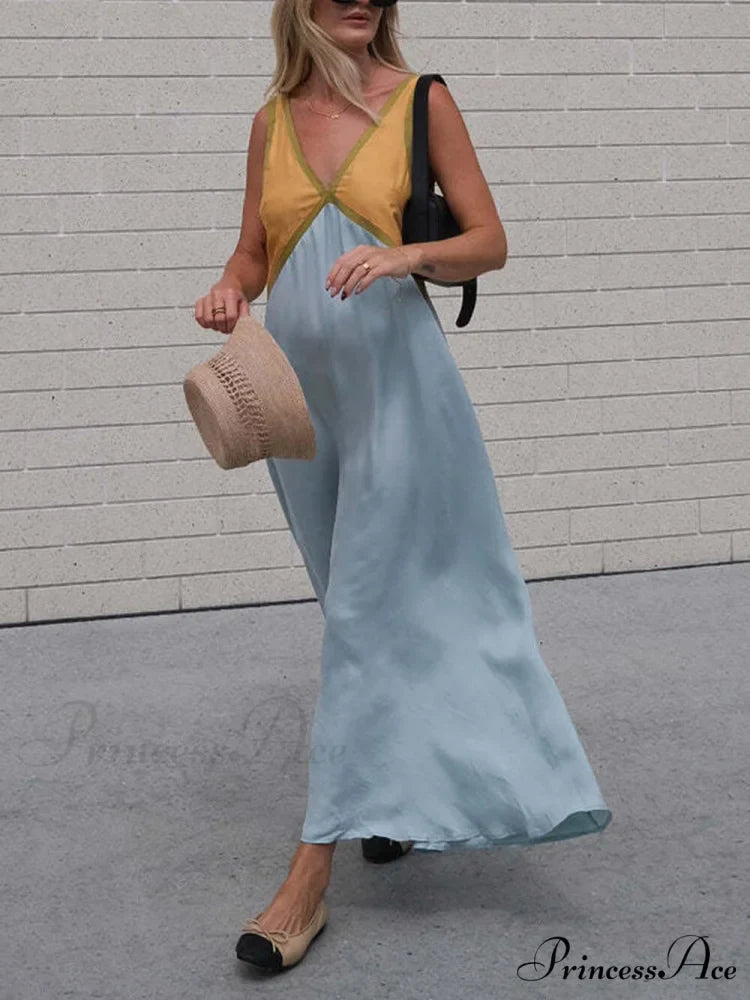 Splicing Chic V-neck Charming Contrasting Color Dress