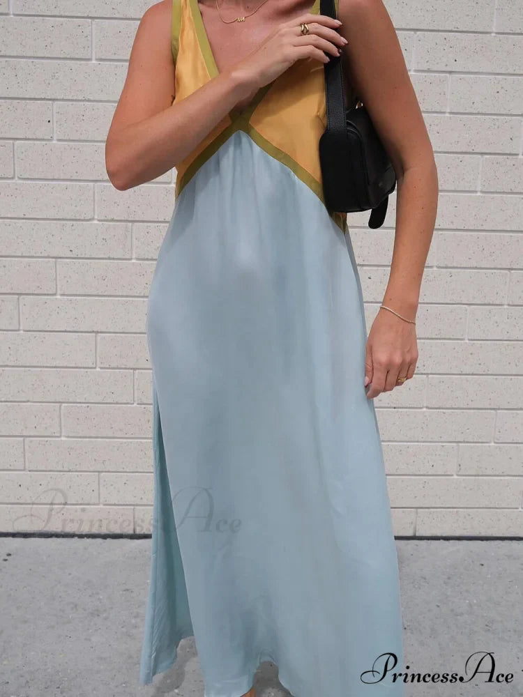 Splicing Chic V-neck Charming Contrasting Color Dress