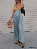 Splicing Chic V-neck Charming Contrasting Color Dress