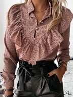 Spotted Dot Print Frill V Neck Blouse
