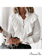 Spotted Dot Print Frill V Neck Blouse