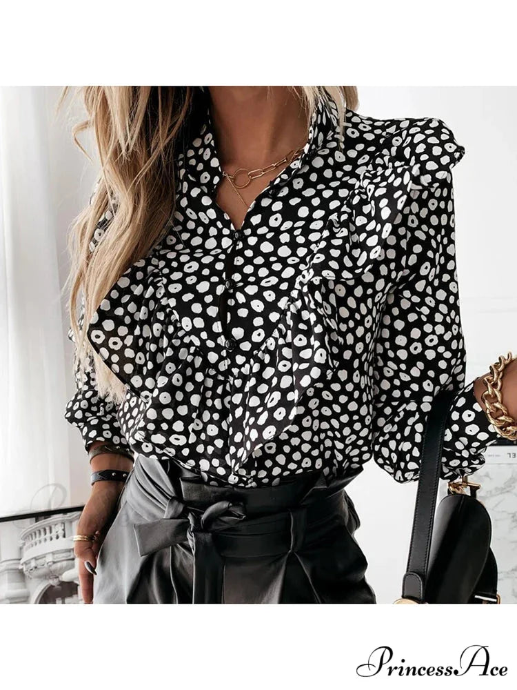 Spotted Dot Print Frill V Neck Blouse