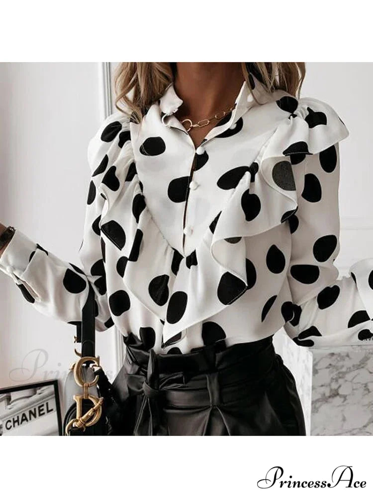 Spotted Dot Print Frill V Neck Blouse