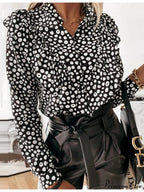 Spotted Dot Print Frill V Neck Blouse
