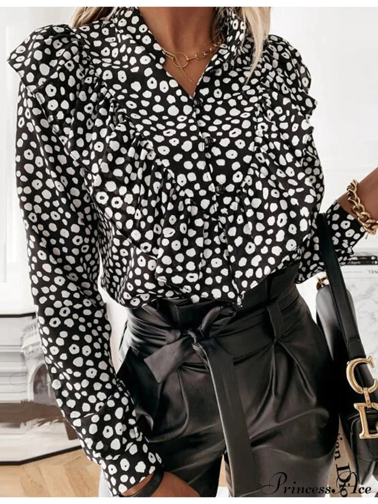 Spotted Dot Print Frill V Neck Blouse