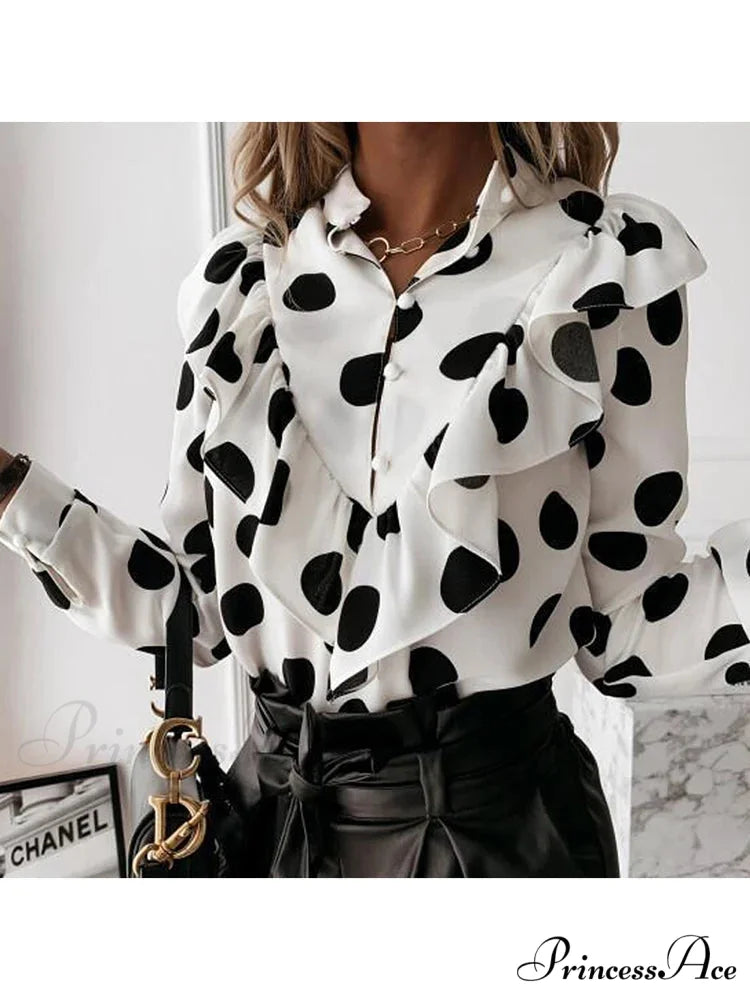 Spotted Dot Print Frill V Neck Blouse