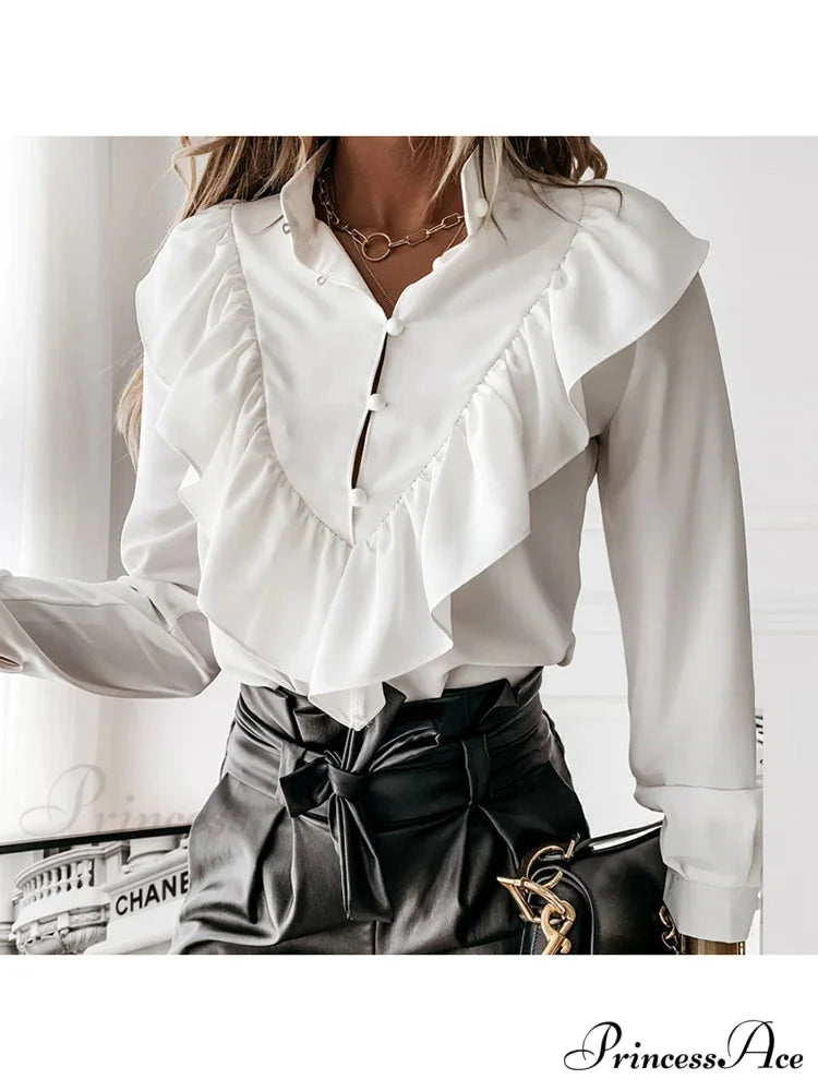 Spotted Dot Print Frill V Neck Blouse