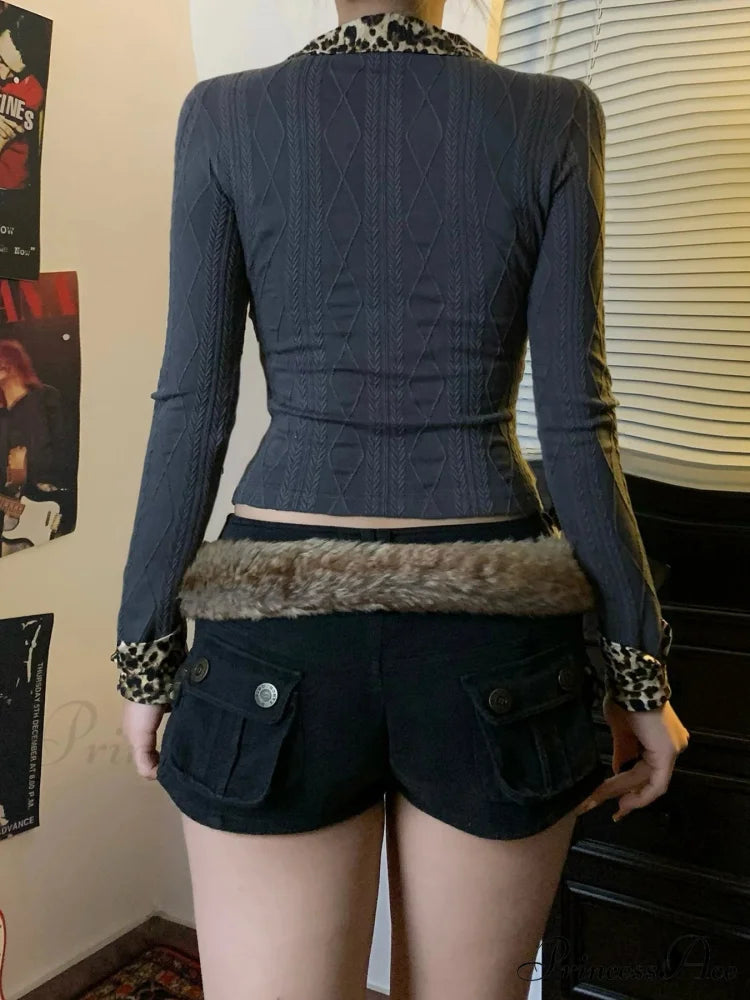 Spotted Patchwork Faux 2 Piece Slim Fold-Over Collar Long Sleeve Knit Top