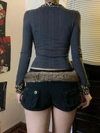 Spotted Patchwork Faux 2 Piece Slim Fold-Over Collar Long Sleeve Knit Top