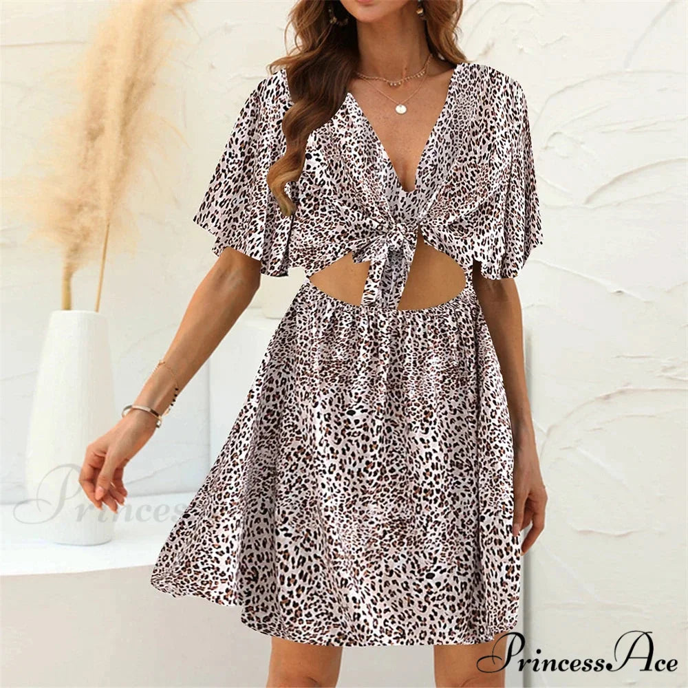 Spotted Pattern Deep Bow Neck Boho Dress