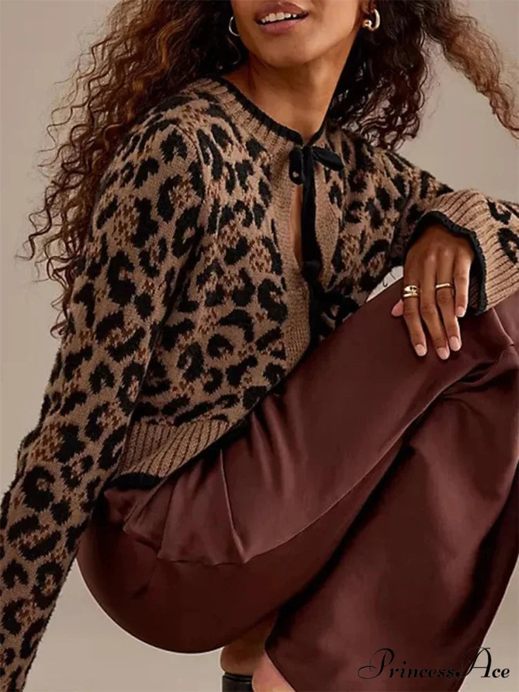 Spotted Pattern Ribbed Tie Front Knit Cardigan