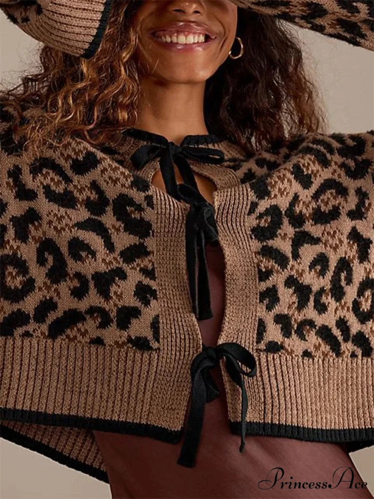 Spotted Pattern Ribbed Tie Front Knit Cardigan