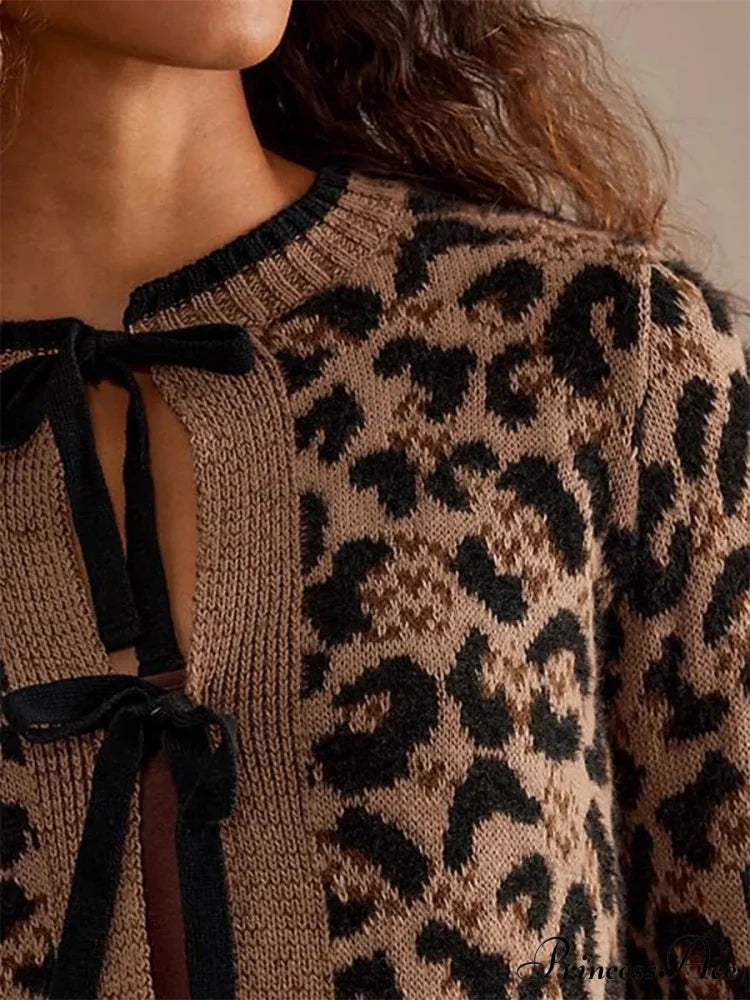 Spotted Pattern Ribbed Tie Front Knit Cardigan