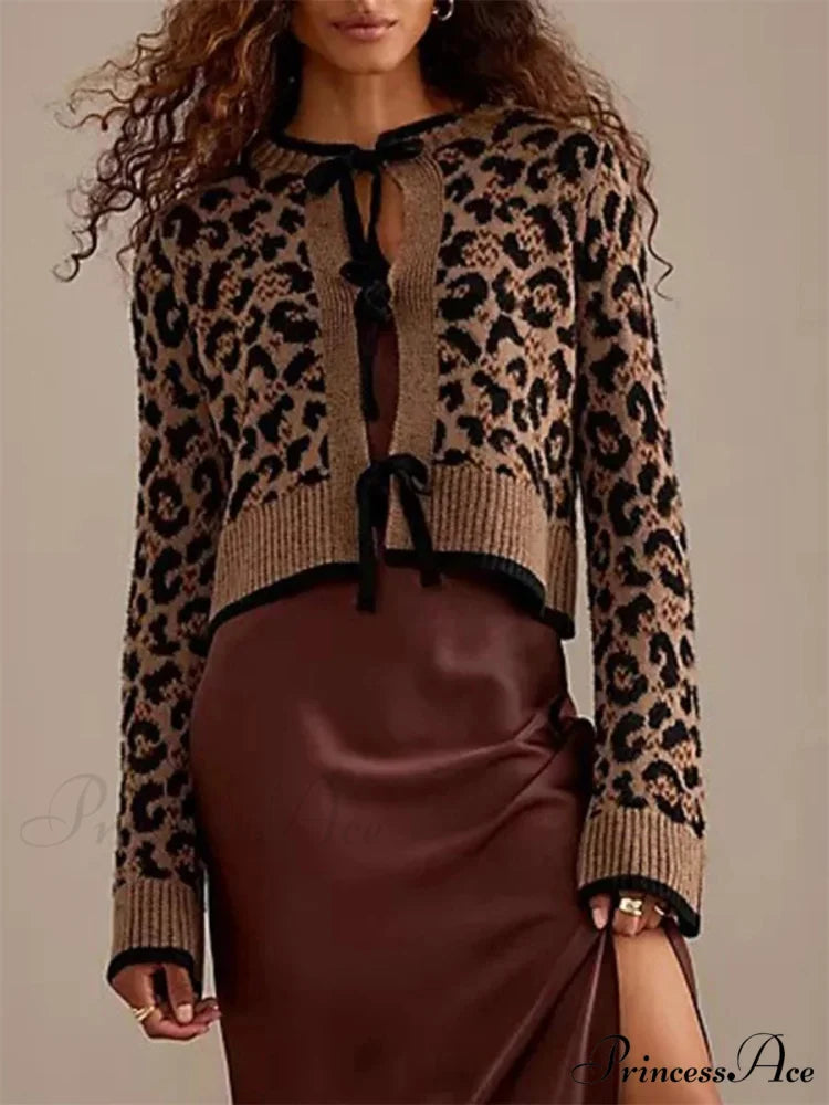 Spotted Pattern Ribbed Tie Front Knit Cardigan