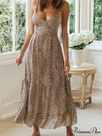 Spotted Pattern Strapless Seductive Plunging Neckline Beach Vacation Maxi Bohemian Dress