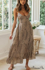 Spotted Pattern Strapless Seductive Plunging Neckline Beach Vacation Maxi Bohemian Dress