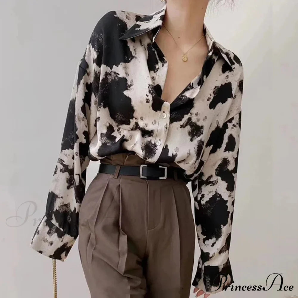 Spotted Print Button Up Long Sleeve Blouse