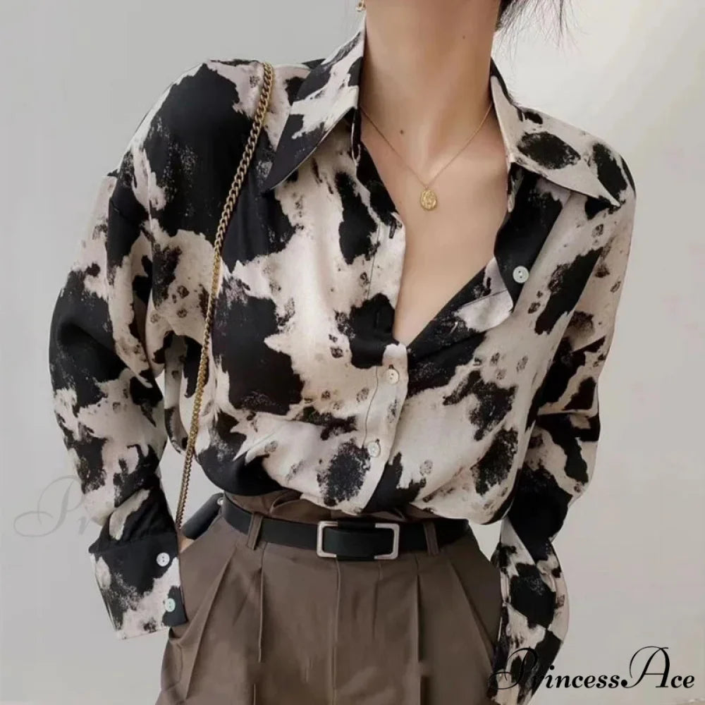 Spotted Print Button Up Long Sleeve Blouse