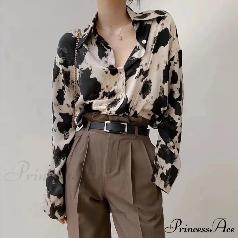 Spotted Print Button Up Long Sleeve Blouse