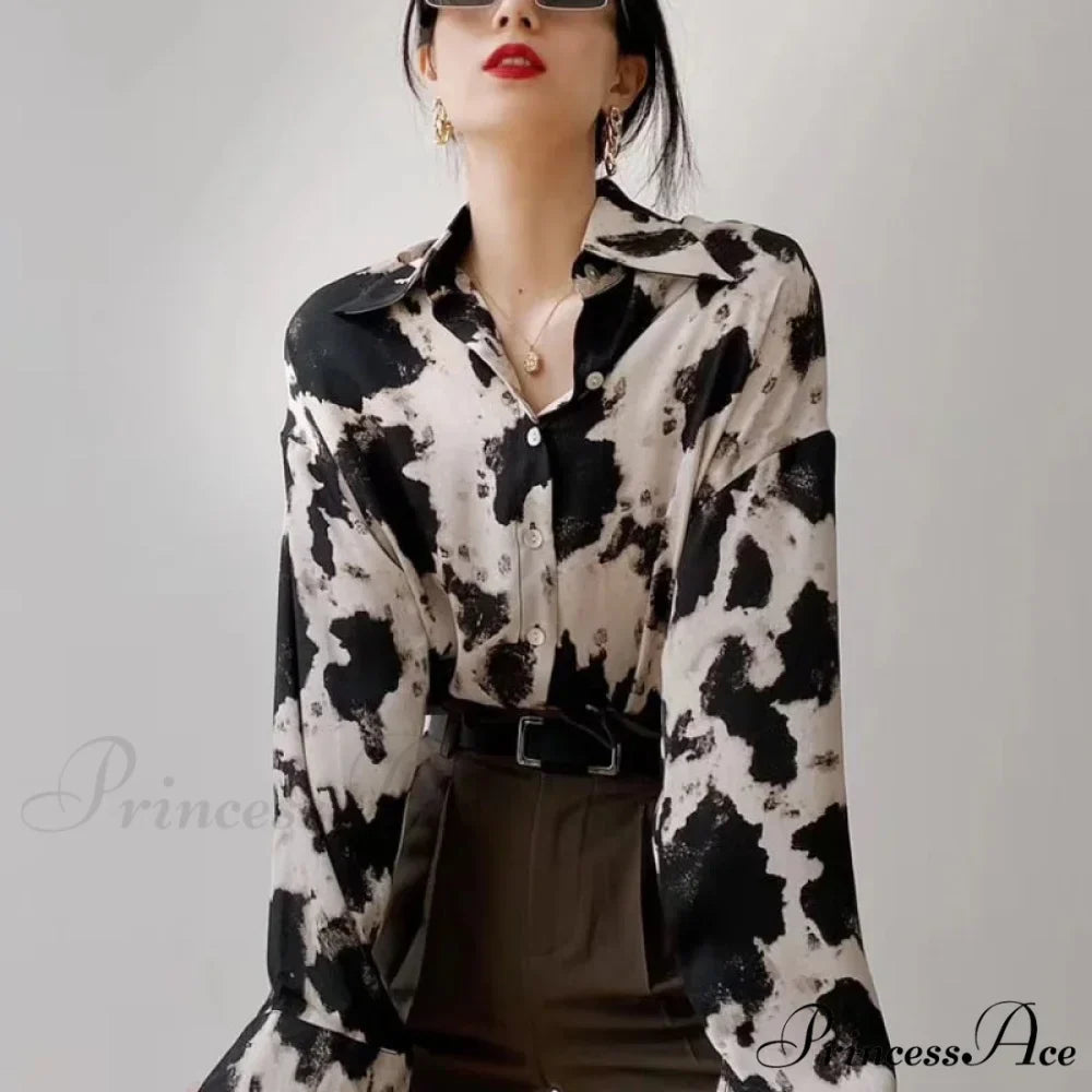 Spotted Print Button Up Long Sleeve Blouse