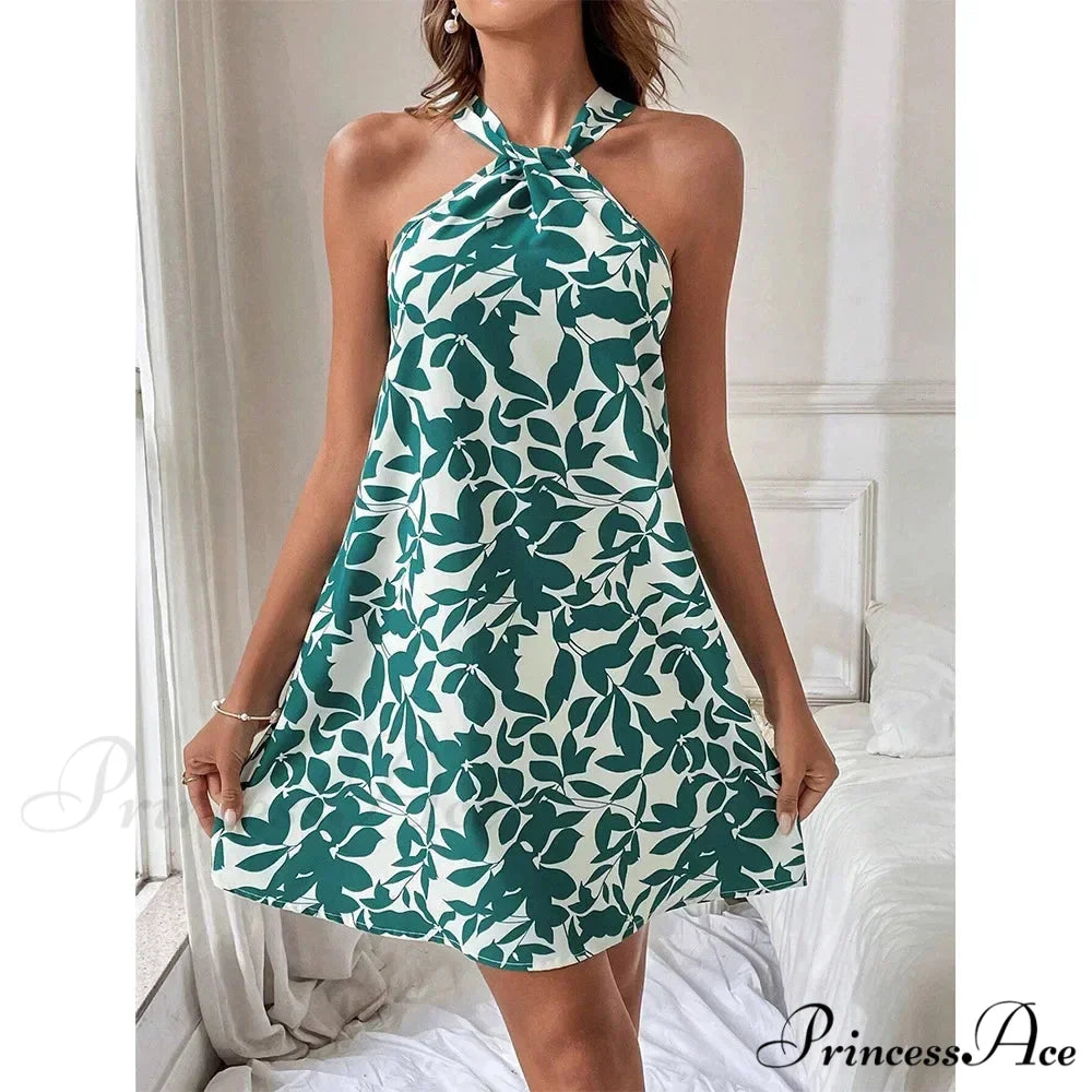 Spring/2024 New Print Halter Off-the-Shoulder Denim Dress Floral Dress