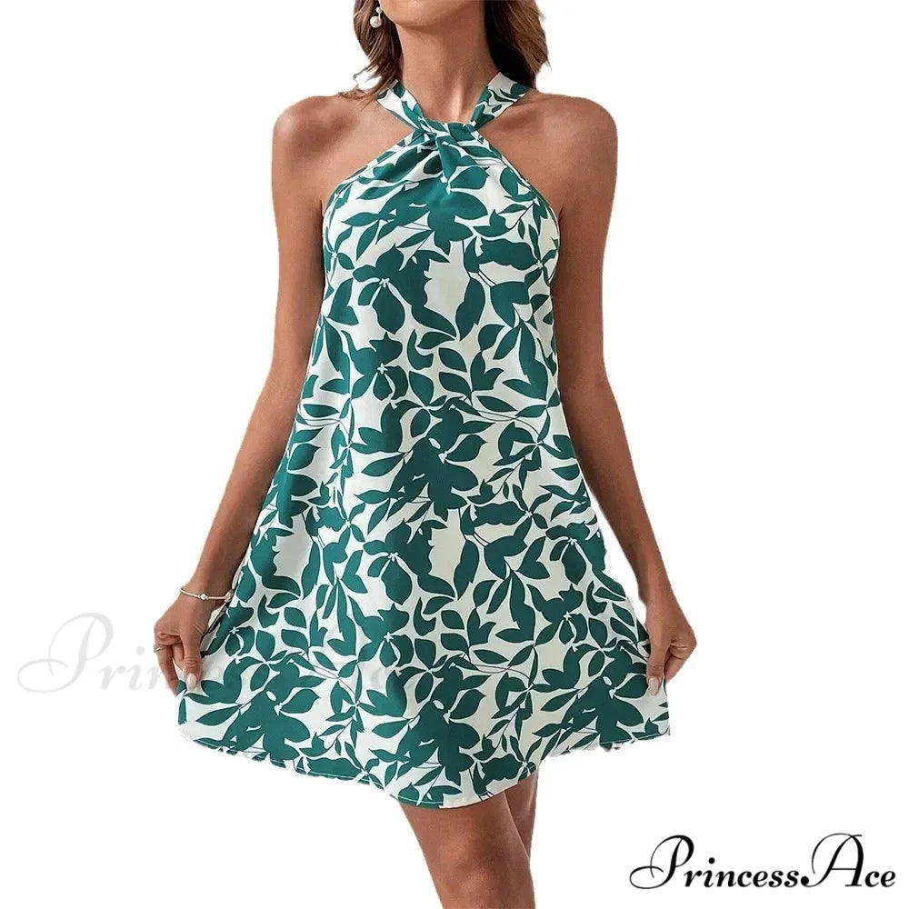 Spring/2024 New Print Halter Off-the-Shoulder Denim Dress Floral Dress