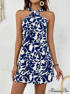 Spring/2024 New Print Halter Off-the-Shoulder Denim Dress Floral Dress