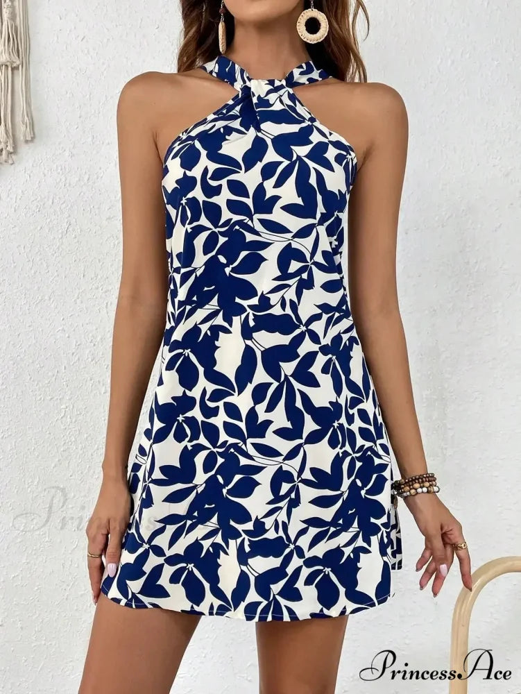 Spring/2024 New Print Halter Off-the-Shoulder Denim Dress Floral Dress