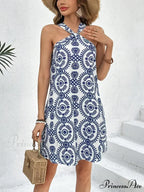 Spring/2024 New Print Halter Off-the-Shoulder Denim Dress Floral Dress