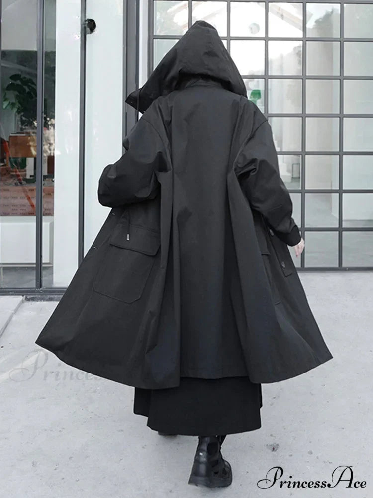 Spring Autumn Long Oversized Black Hood Dark Aesthetic Luxury Designer 2024 Stylish Coat