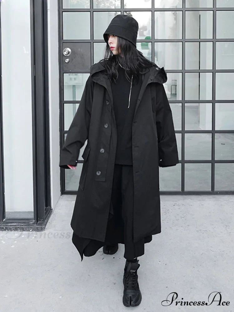 Spring Autumn Long Oversized Black Hood Dark Aesthetic Luxury Designer 2024 Stylish Coat